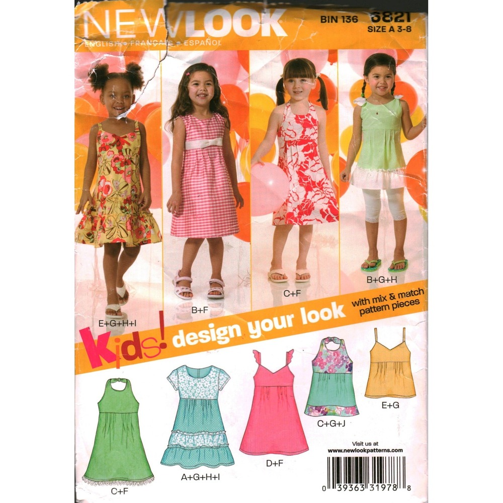 New Look 6821 Kids Sewing Pattern Dress Top Size A 3-5 Design Your Look 6821